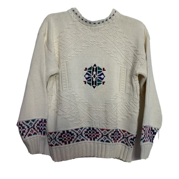 Vintage Winona Knits Snowflake Sweater Winter White Cotton Crewneck Pullover M - Picture 1 of 12